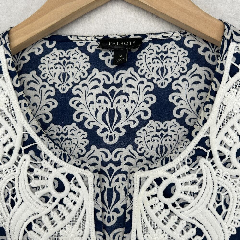 TALBOTS Top M Lace Bib Tunic Medallion Print Split Neck 3/4 Sleeve Cotton Blue - Picture 5 of 10